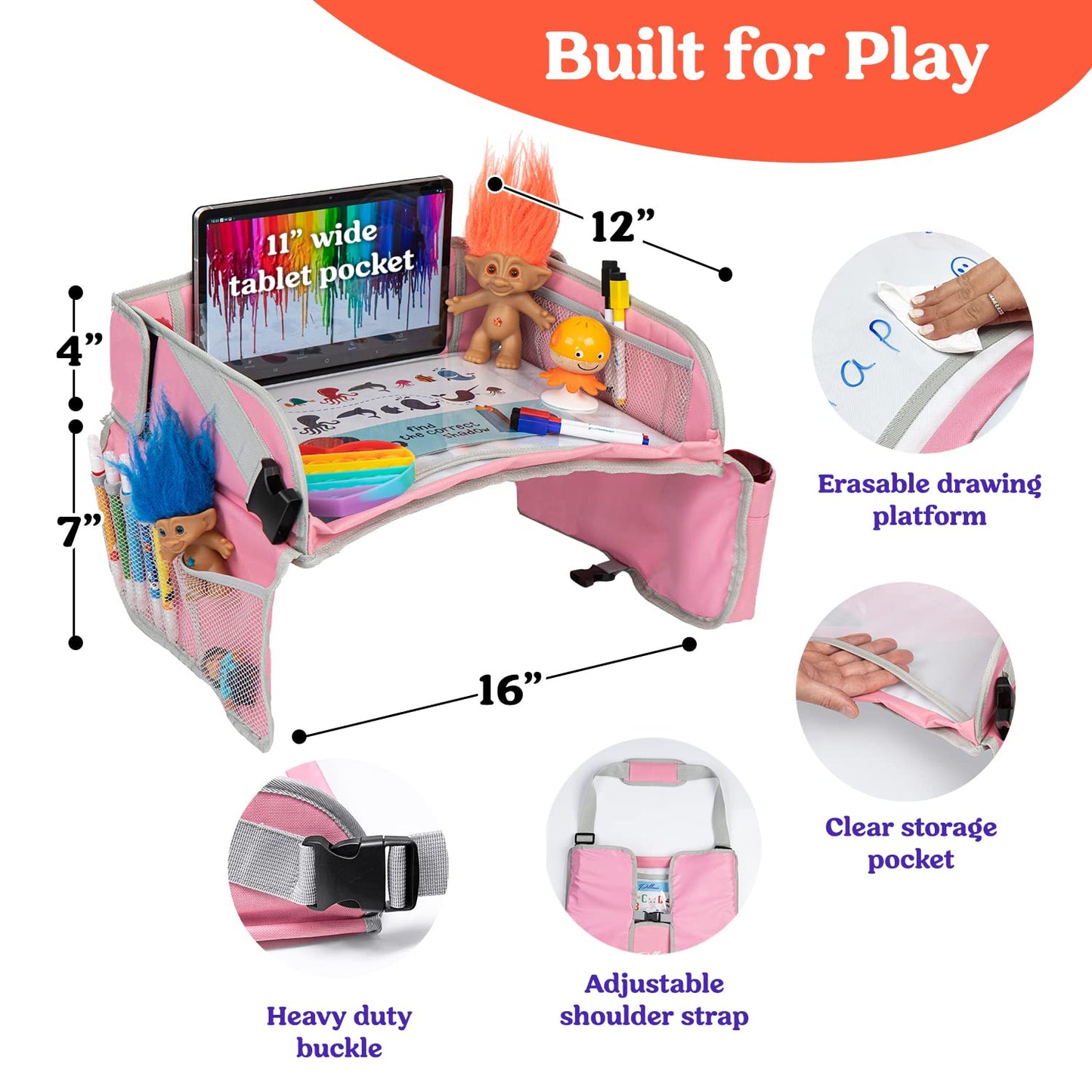 PILLANI Kids Travel Tray for Car - Car Seat Tray for Kids Travel, Car Trays for Kids Roadtrip Essentials, Carseat Table Tray for Kids Road Trip Activities - Toddler Lap Desk Organizer for Airplane