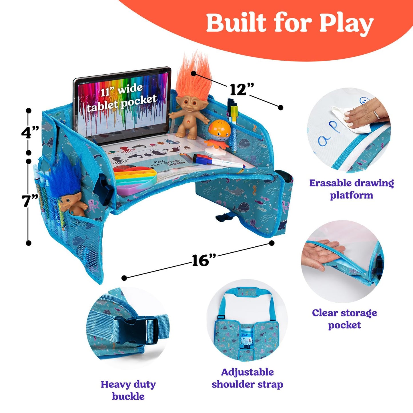 PILLANI Kids Travel Tray for Car - Car Seat Tray for Kids Travel, Car Trays for Kids Roadtrip Essentials, Carseat Table Tray for Kids Road Trip Activities - Toddler Lap Desk Organizer for Airplane
