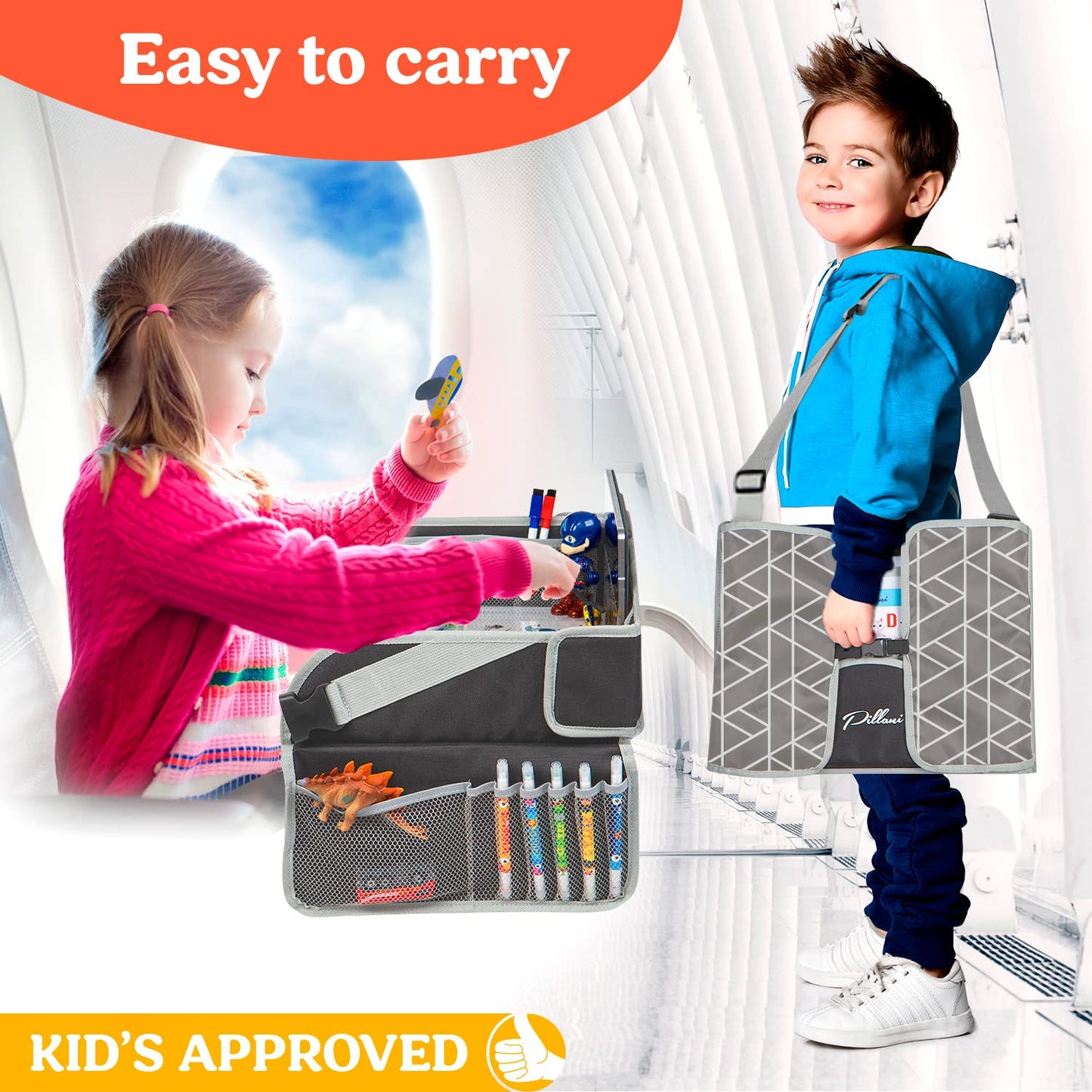 PILLANI Kids Travel Tray for Car - Car Seat Tray for Kids Travel, Car Trays for Kids Roadtrip Essentials, Carseat Table Tray for Kids Road Trip Activities - Toddler Lap Desk Organizer for Airplane
