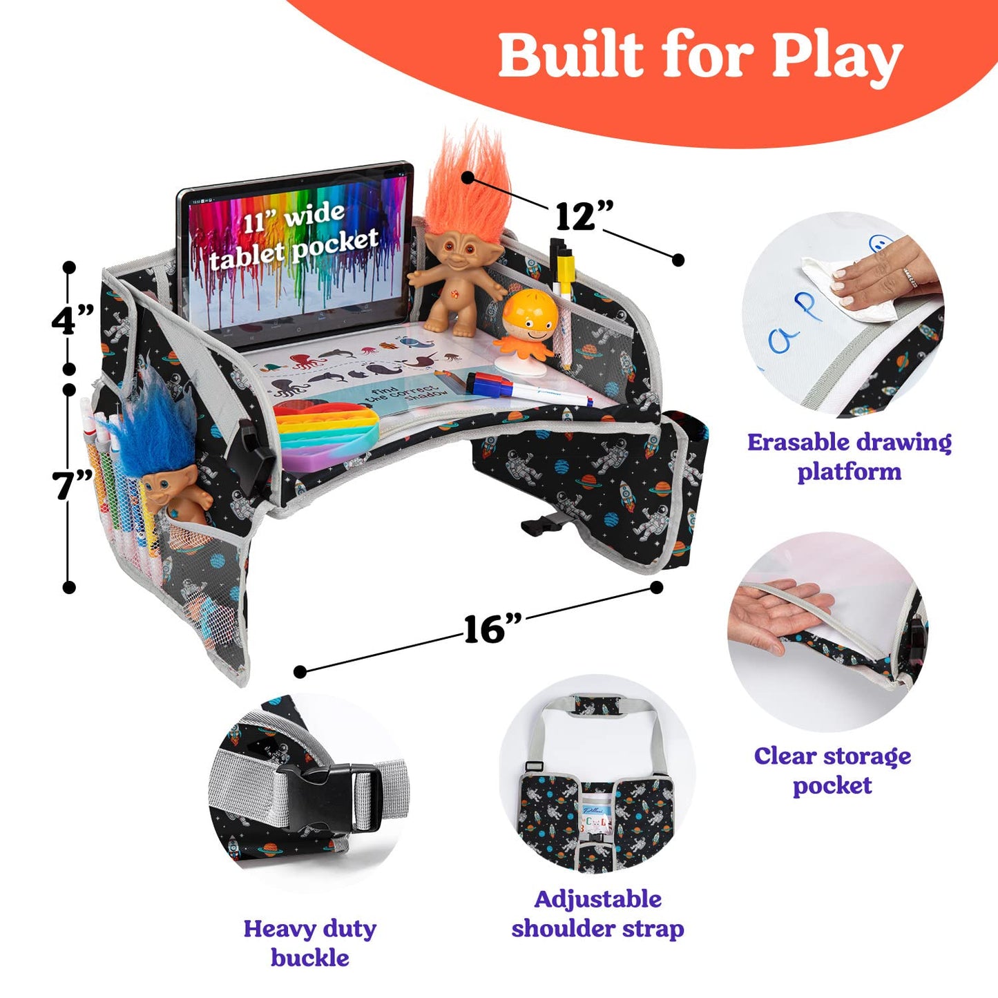 PILLANI Kids Travel Tray for Car - Car Seat Tray for Kids Travel, Car Trays for Kids Roadtrip Essentials, Carseat Table Tray for Kids Road Trip Activities - Toddler Lap Desk Organizer for Airplane