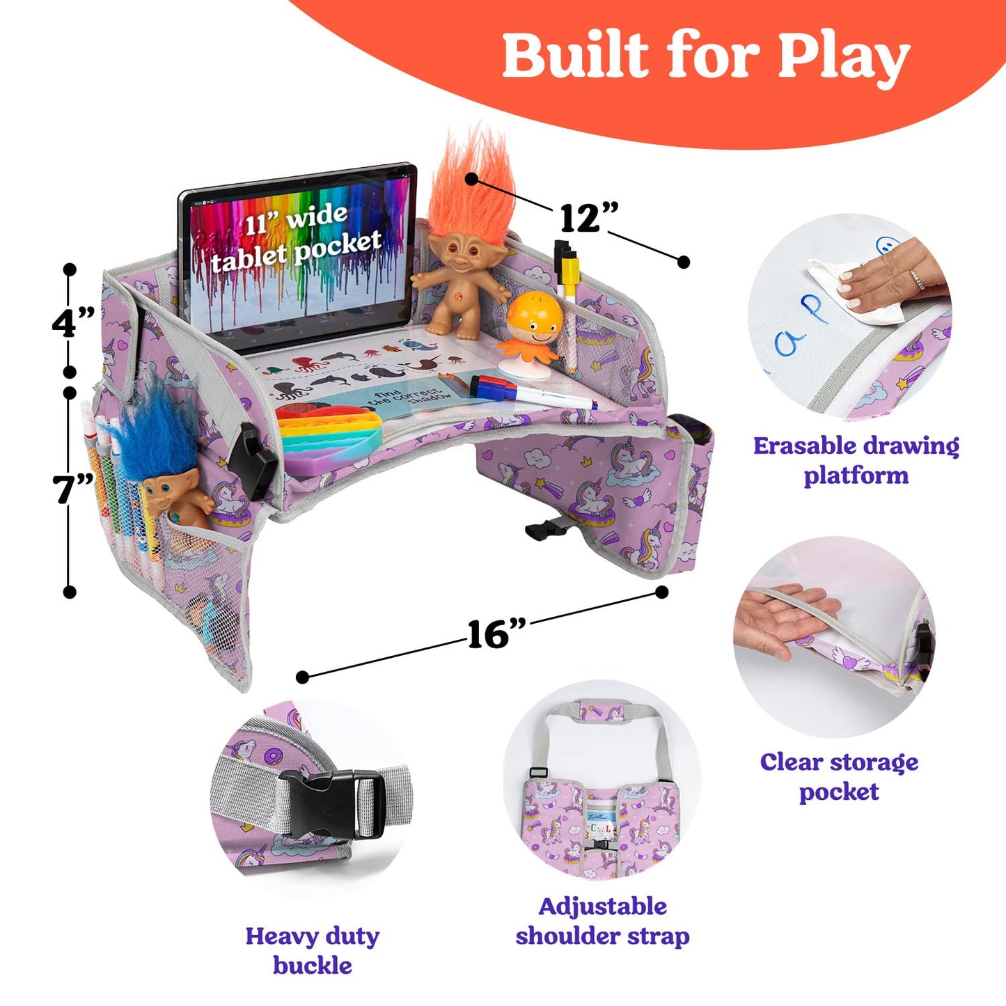 PILLANI Kids Travel Tray for Car - Car Seat Tray for Kids Travel, Car Trays for Kids Roadtrip Essentials, Carseat Table Tray for Kids Road Trip Activities - Toddler Lap Desk Organizer for Airplane