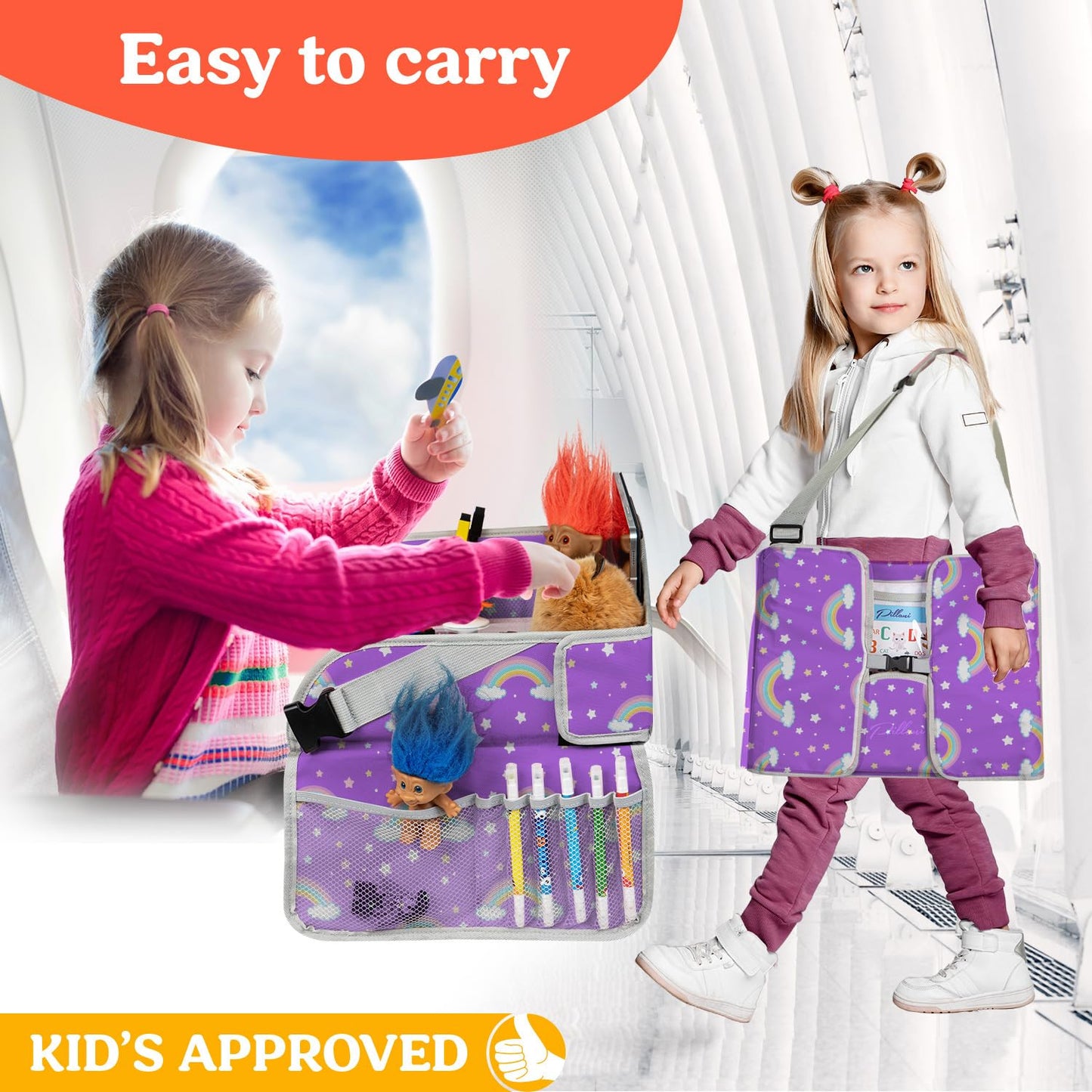 PILLANI Kids Travel Tray for Car - Car Seat Tray for Kids Travel, Car Trays for Kids Roadtrip Essentials, Carseat Table Tray for Kids Road Trip Activities - Toddler Lap Desk Organizer for Airplane
