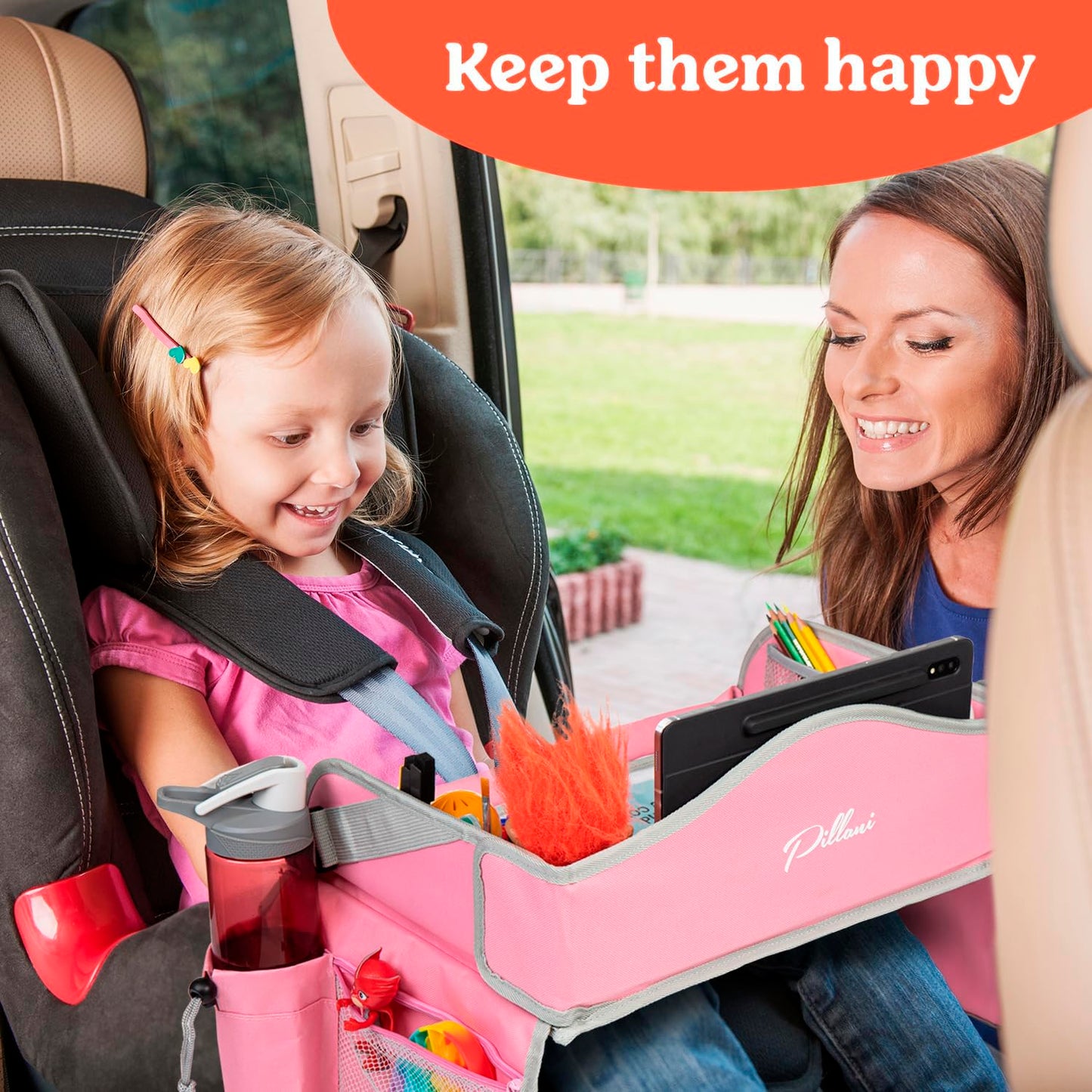 PILLANI Kids Travel Tray for Car - Car Seat Tray for Kids Travel, Car Trays for Kids Roadtrip Essentials, Carseat Table Tray for Kids Road Trip Activities - Toddler Lap Desk Organizer for Airplane