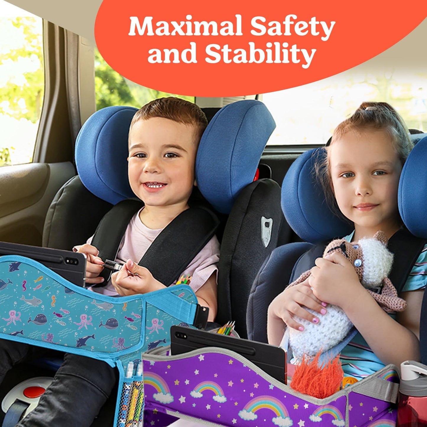 PILLANI Kids Travel Tray for Car - Car Seat Tray for Kids Travel, Car Trays for Kids Roadtrip Essentials, Carseat Table Tray for Kids Road Trip Activities - Toddler Lap Desk Organizer for Airplane
