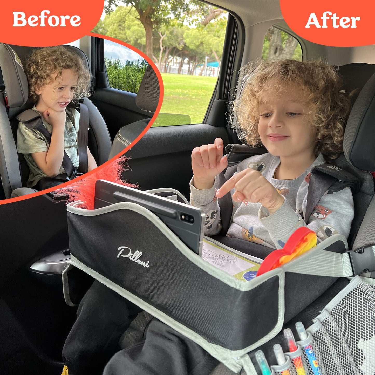 PILLANI Kids Travel Tray for Car - Car Seat Tray for Kids Travel, Car Trays for Kids Roadtrip Essentials, Carseat Table Tray for Kids Road Trip Activities - Toddler Lap Desk Organizer for Airplane