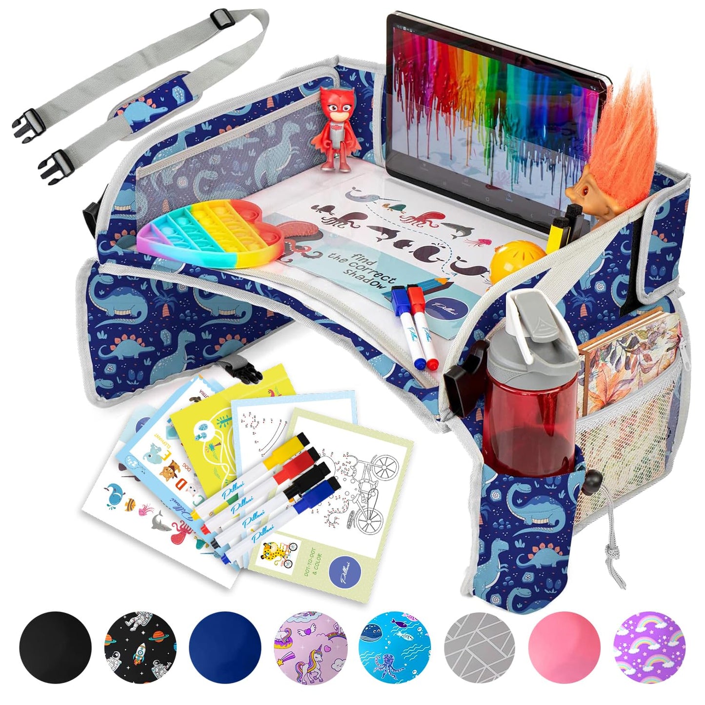 PILLANI Kids Travel Tray for Car - Car Seat Tray for Kids Travel, Car Trays for Kids Roadtrip Essentials, Carseat Table Tray for Kids Road Trip Activities - Toddler Lap Desk Organizer for Airplane