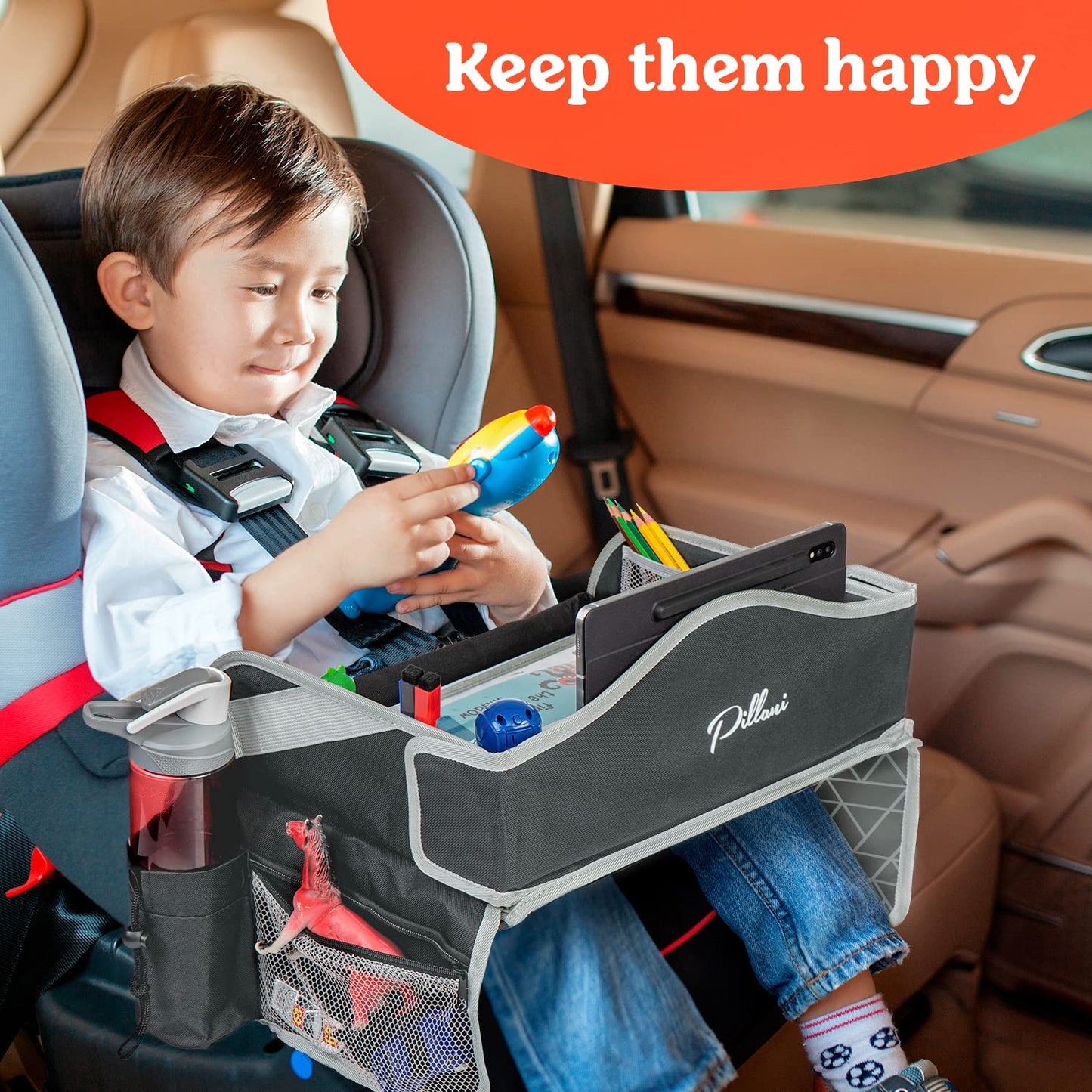 PILLANI Kids Travel Tray for Car - Car Seat Tray for Kids Travel, Car Trays for Kids Roadtrip Essentials, Carseat Table Tray for Kids Road Trip Activities - Toddler Lap Desk Organizer for Airplane