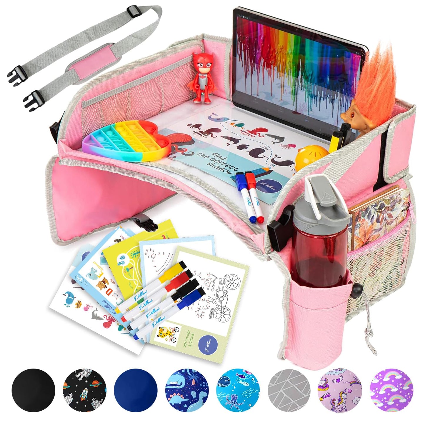 PILLANI Kids Travel Tray for Car - Car Seat Tray for Kids Travel, Car Trays for Kids Roadtrip Essentials, Carseat Table Tray for Kids Road Trip Activities - Toddler Lap Desk Organizer for Airplane