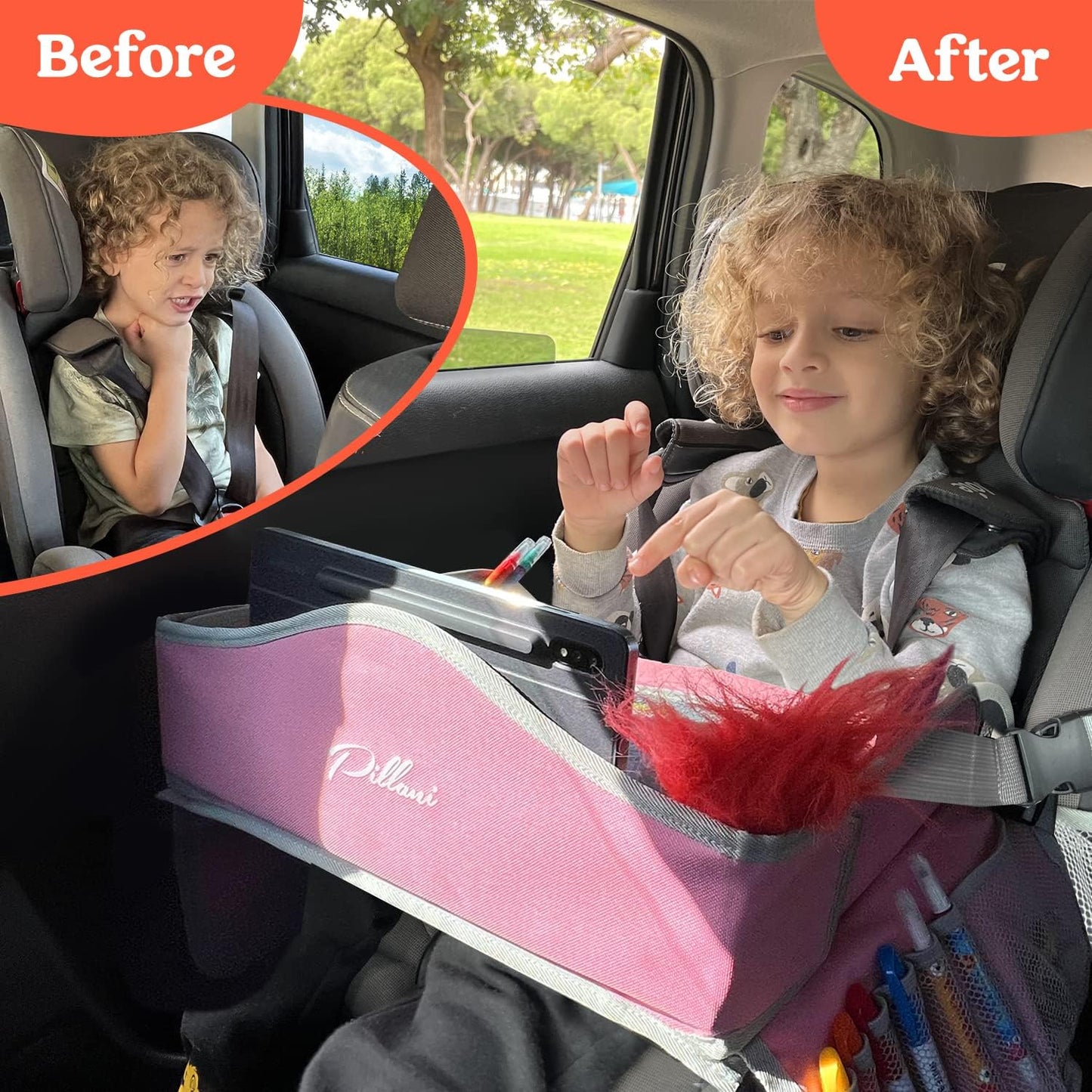 PILLANI Kids Travel Tray for Car - Car Seat Tray for Kids Travel, Car Trays for Kids Roadtrip Essentials, Carseat Table Tray for Kids Road Trip Activities - Toddler Lap Desk Organizer for Airplane