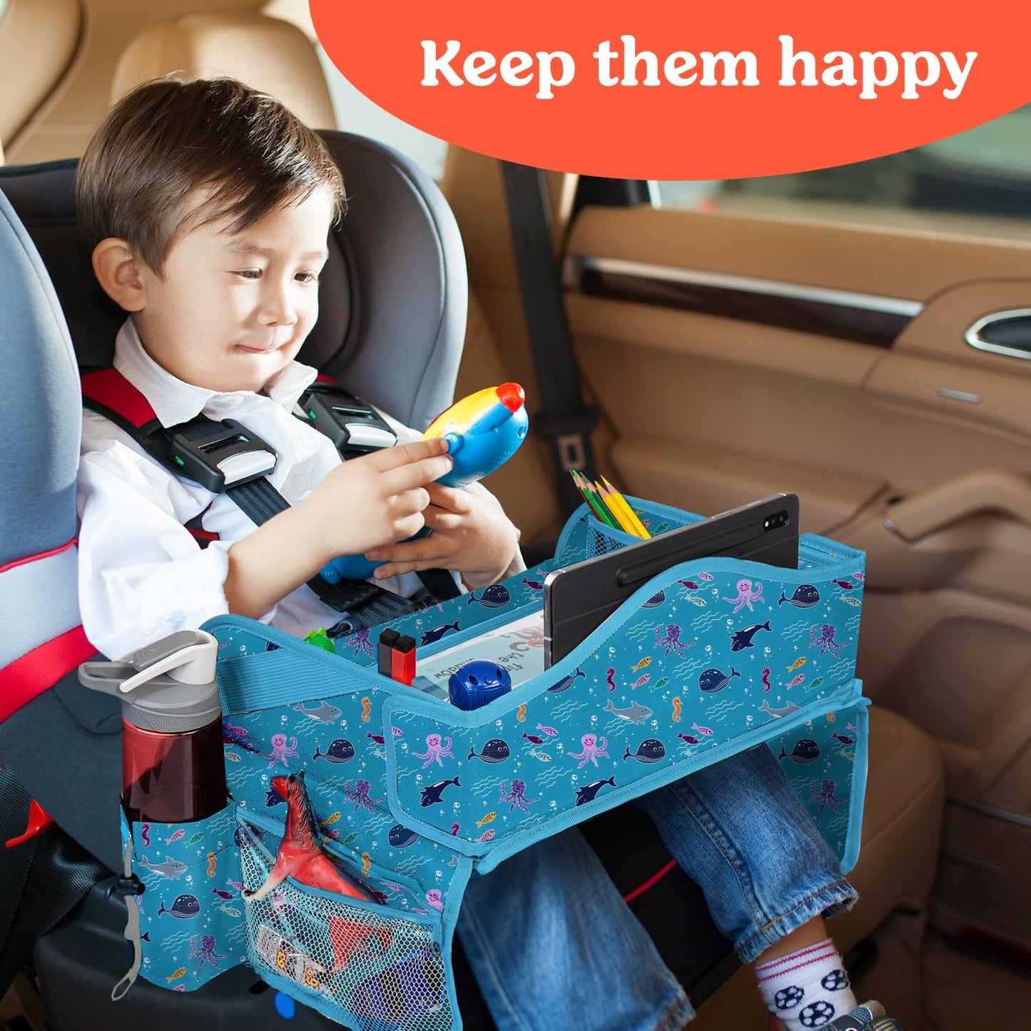 PILLANI Kids Travel Tray for Car - Car Seat Tray for Kids Travel, Car Trays for Kids Roadtrip Essentials, Carseat Table Tray for Kids Road Trip Activities - Toddler Lap Desk Organizer for Airplane