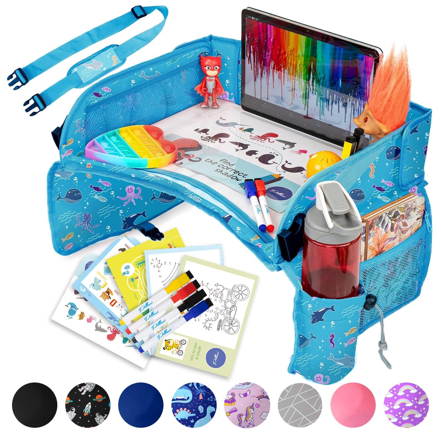 PILLANI Kids Travel Tray for Car - Car Seat Tray for Kids Travel, Car Trays for Kids Roadtrip Essentials, Carseat Table Tray for Kids Road Trip Activities - Toddler Lap Desk Organizer for Airplane
