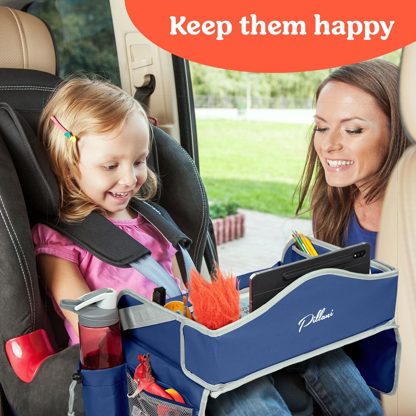 PILLANI Kids Travel Tray for Car - Car Seat Tray for Kids Travel, Car Trays for Kids Roadtrip Essentials, Carseat Table Tray for Kids Road Trip Activities - Toddler Lap Desk Organizer for Airplane
