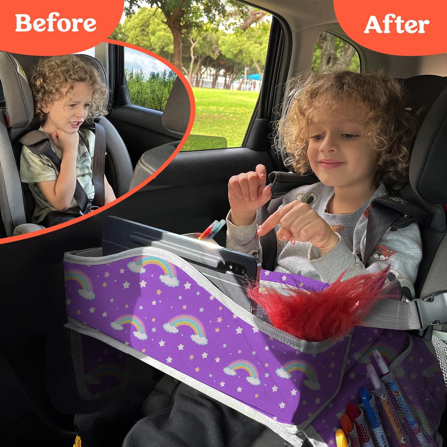 PILLANI Kids Travel Tray for Car - Car Seat Tray for Kids Travel, Car Trays for Kids Roadtrip Essentials, Carseat Table Tray for Kids Road Trip Activities - Toddler Lap Desk Organizer for Airplane