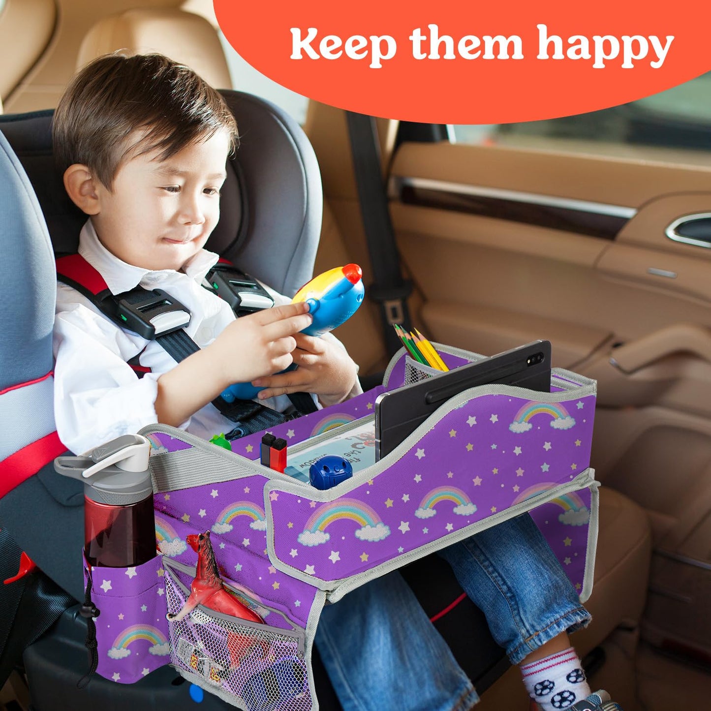 PILLANI Kids Travel Tray for Car - Car Seat Tray for Kids Travel, Car Trays for Kids Roadtrip Essentials, Carseat Table Tray for Kids Road Trip Activities - Toddler Lap Desk Organizer for Airplane