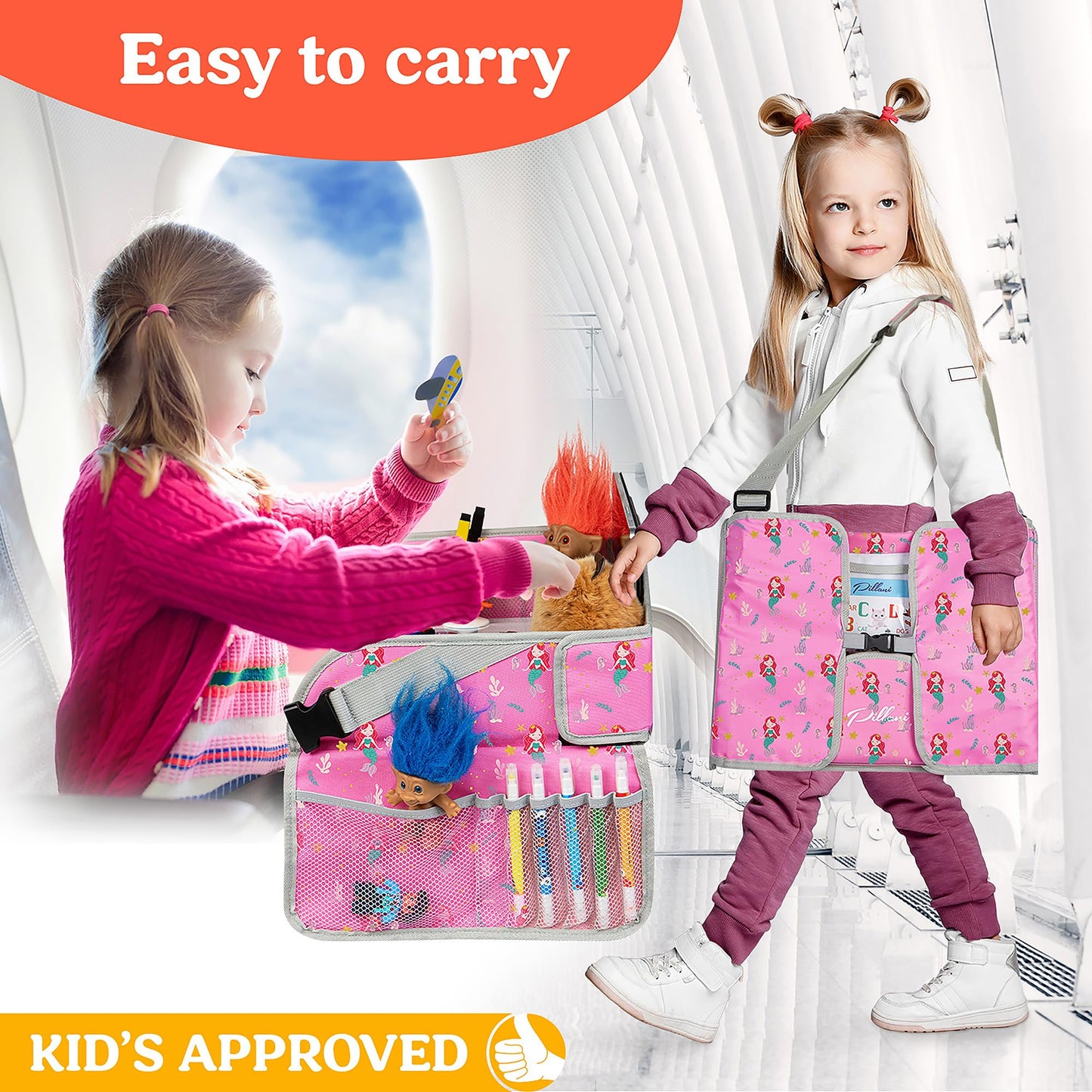 PILLANI Kids Travel Tray for Car - Car Seat Tray for Kids Travel, Car Trays for Kids Roadtrip Essentials, Carseat Table Tray for Kids Road Trip Activities - Toddler Lap Desk Organizer for Airplane
