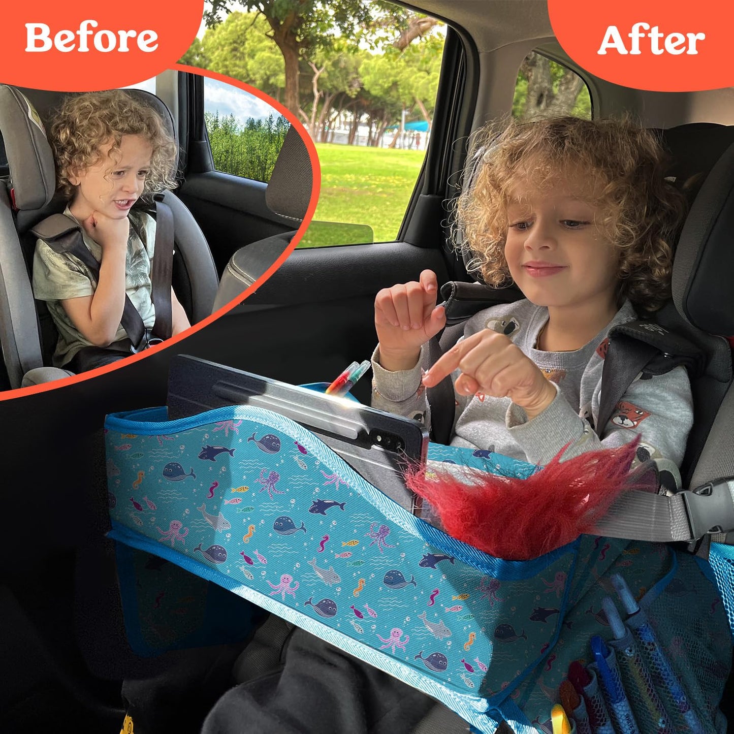 PILLANI Kids Travel Tray for Car - Car Seat Tray for Kids Travel, Car Trays for Kids Roadtrip Essentials, Carseat Table Tray for Kids Road Trip Activities - Toddler Lap Desk Organizer for Airplane