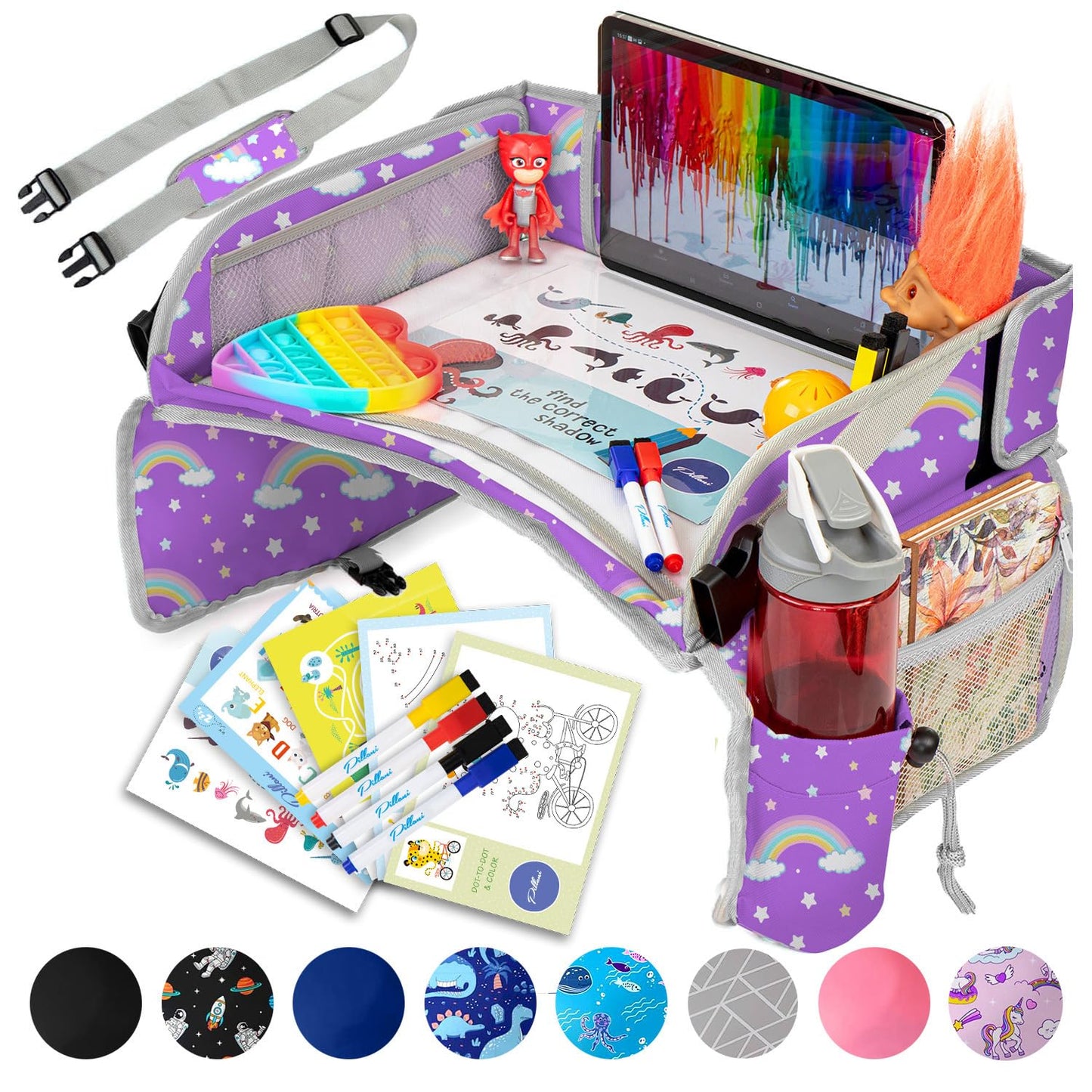PILLANI Kids Travel Tray for Car - Car Seat Tray for Kids Travel, Car Trays for Kids Roadtrip Essentials, Carseat Table Tray for Kids Road Trip Activities - Toddler Lap Desk Organizer for Airplane