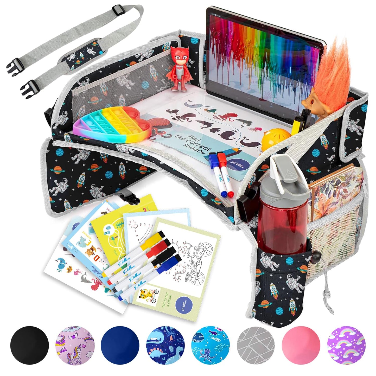 PILLANI Kids Travel Tray for Car - Car Seat Tray for Kids Travel, Car Trays for Kids Roadtrip Essentials, Carseat Table Tray for Kids Road Trip Activities - Toddler Lap Desk Organizer for Airplane