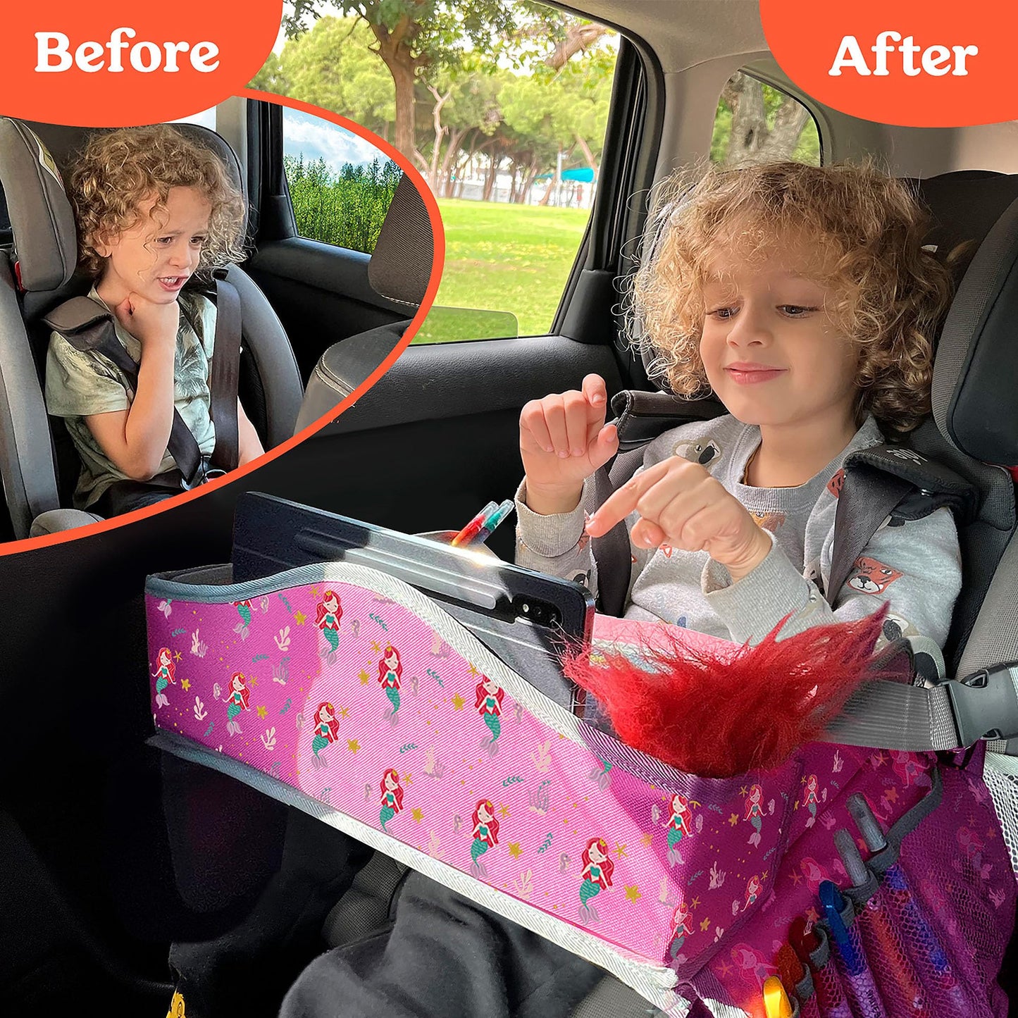 PILLANI Kids Travel Tray for Car - Car Seat Tray for Kids Travel, Car Trays for Kids Roadtrip Essentials, Carseat Table Tray for Kids Road Trip Activities - Toddler Lap Desk Organizer for Airplane