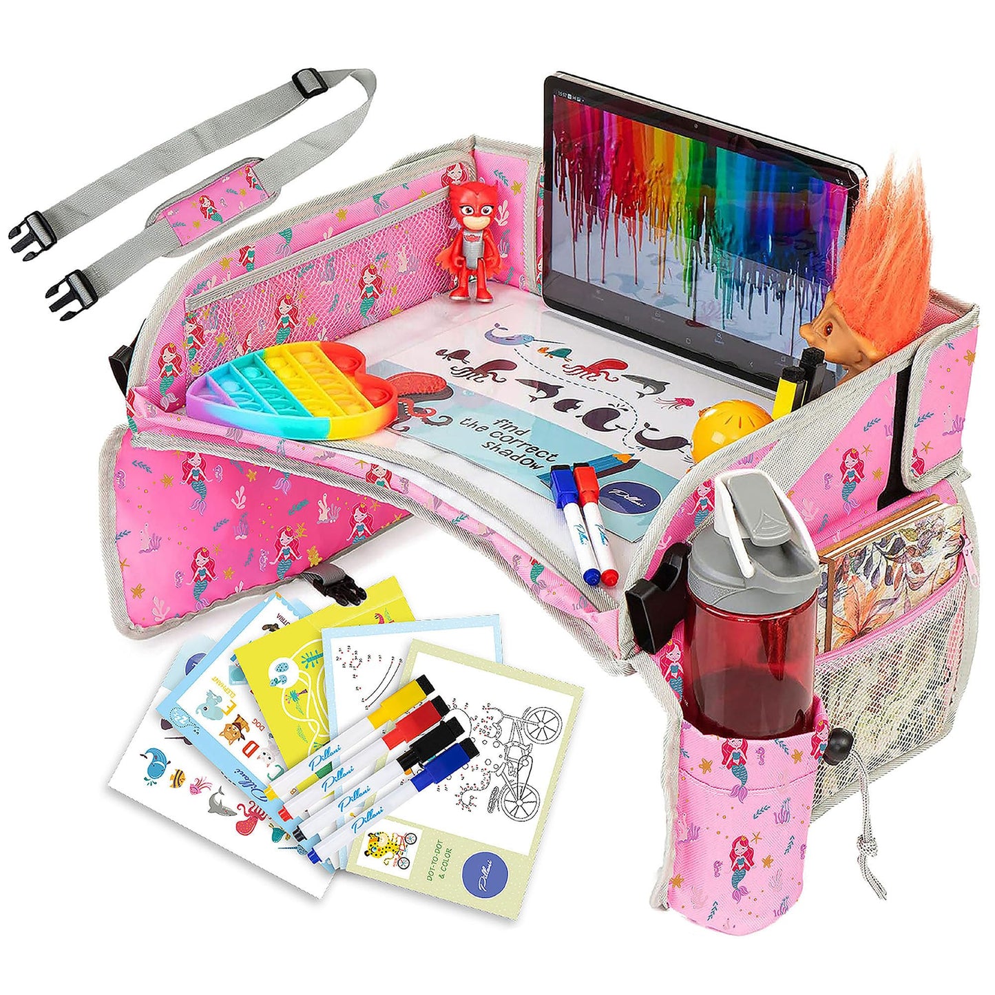 PILLANI Kids Travel Tray for Car - Car Seat Tray for Kids Travel, Car Trays for Kids Roadtrip Essentials, Carseat Table Tray for Kids Road Trip Activities - Toddler Lap Desk Organizer for Airplane