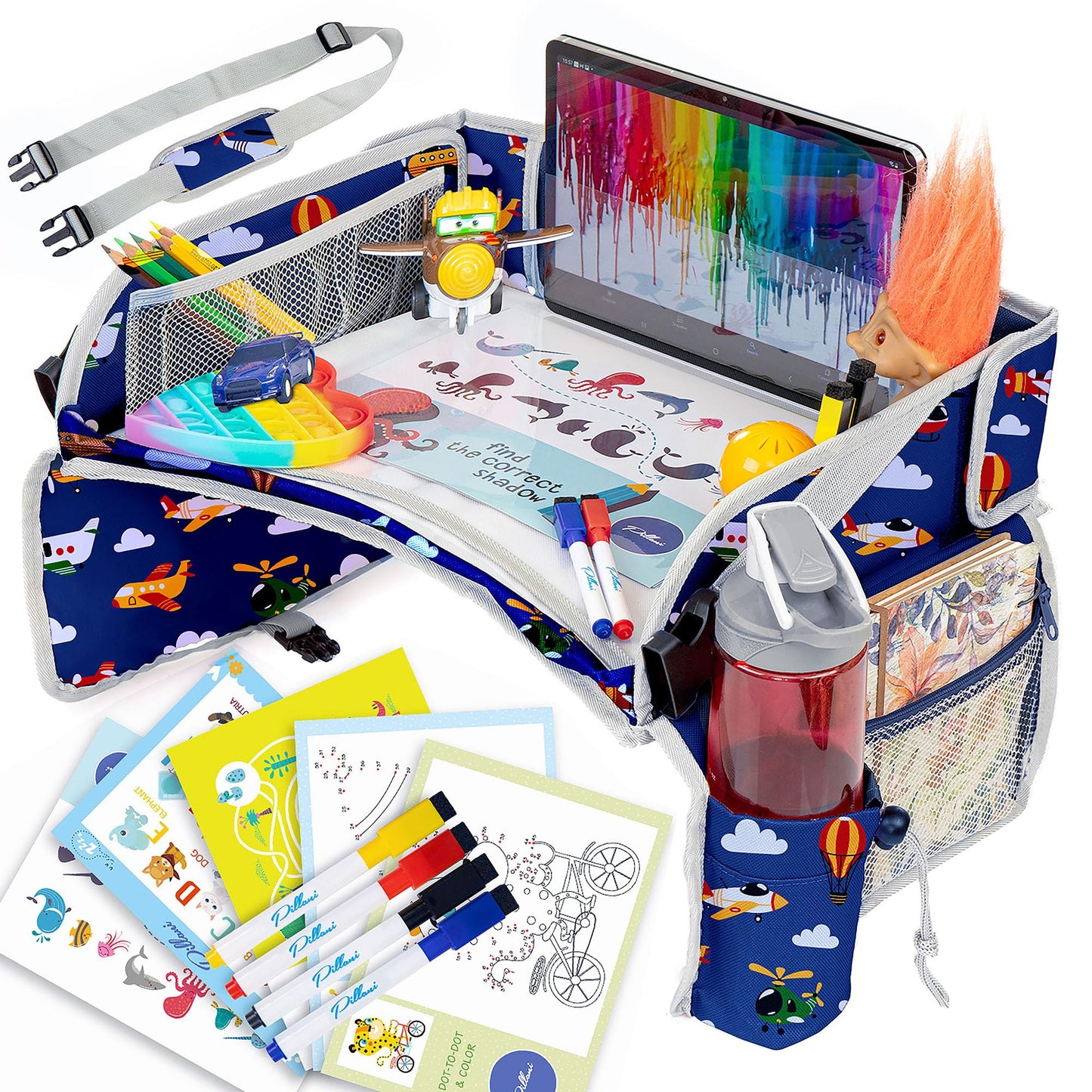 PILLANI Kids Travel Tray for Car - Car Seat Tray for Kids Travel, Car Trays for Kids Roadtrip Essentials, Carseat Table Tray for Kids Road Trip Activities - Toddler Lap Desk Organizer for Airplane