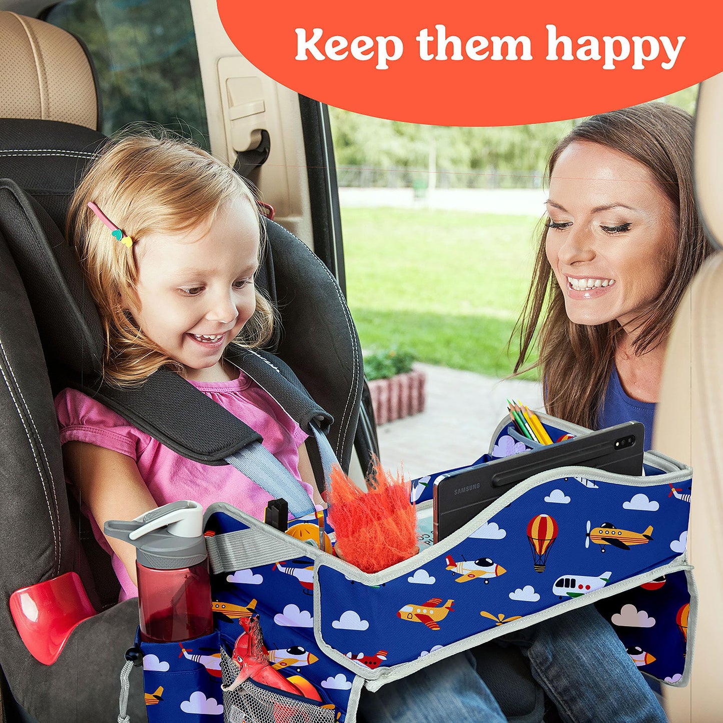 PILLANI Kids Travel Tray for Car - Car Seat Tray for Kids Travel, Car Trays for Kids Roadtrip Essentials, Carseat Table Tray for Kids Road Trip Activities - Toddler Lap Desk Organizer for Airplane