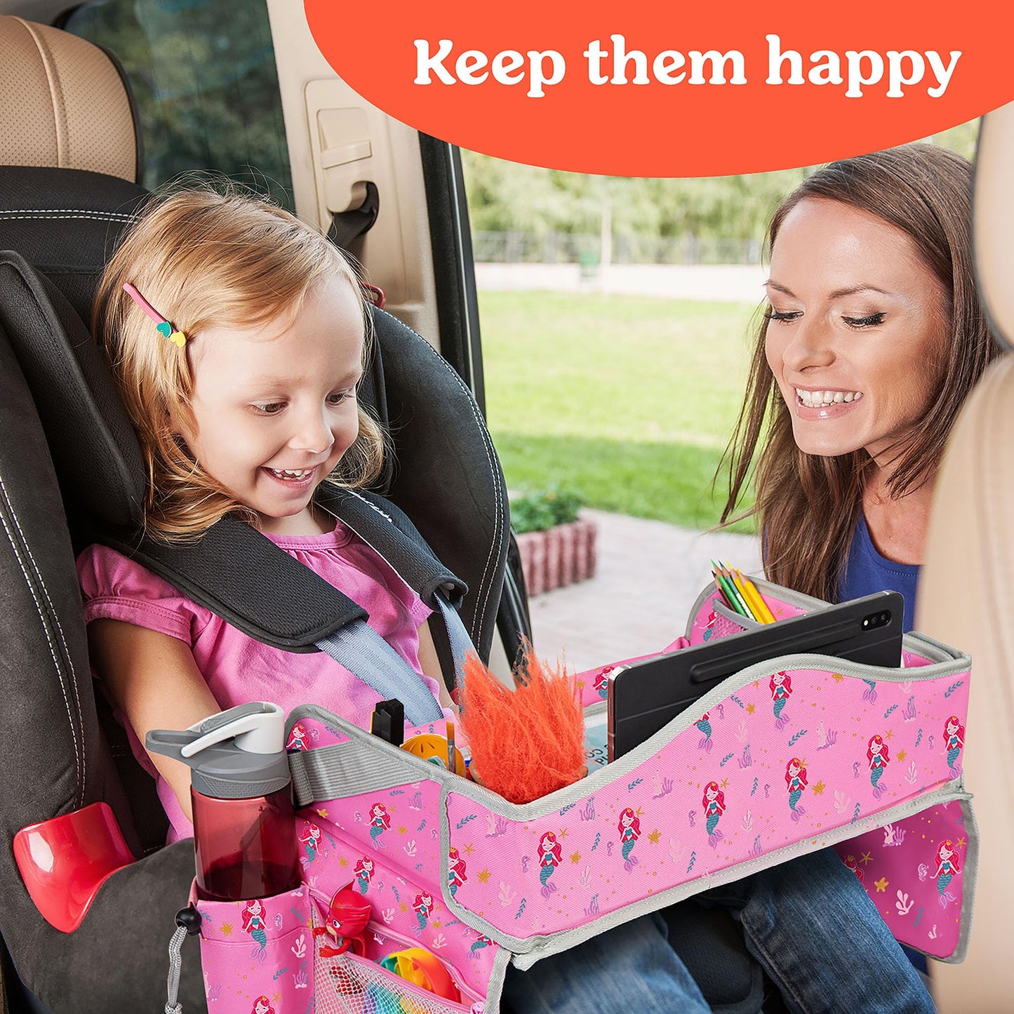 PILLANI Kids Travel Tray for Car - Car Seat Tray for Kids Travel, Car Trays for Kids Roadtrip Essentials, Carseat Table Tray for Kids Road Trip Activities - Toddler Lap Desk Organizer for Airplane